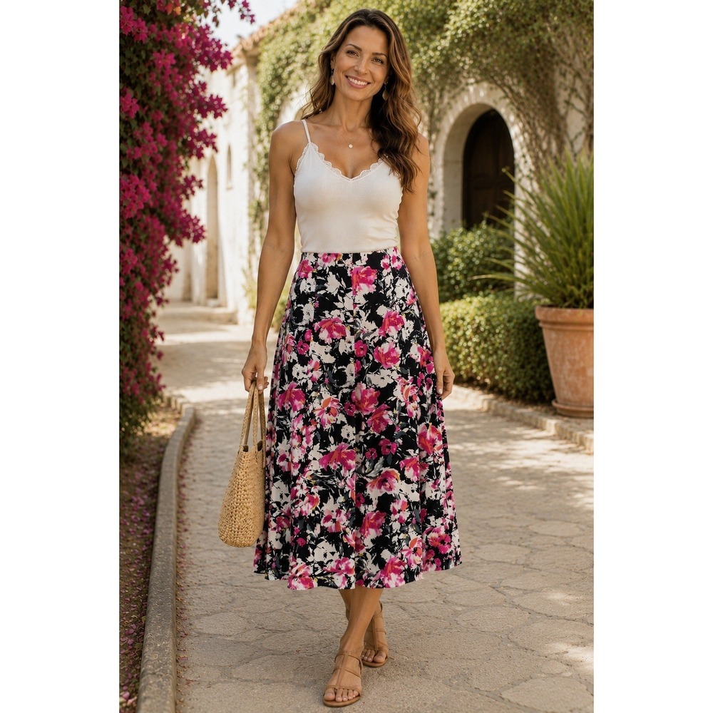 Christopher & Banks Floral Midi Skirt Size 8 A Line Cottagecore Side Zip Rayon